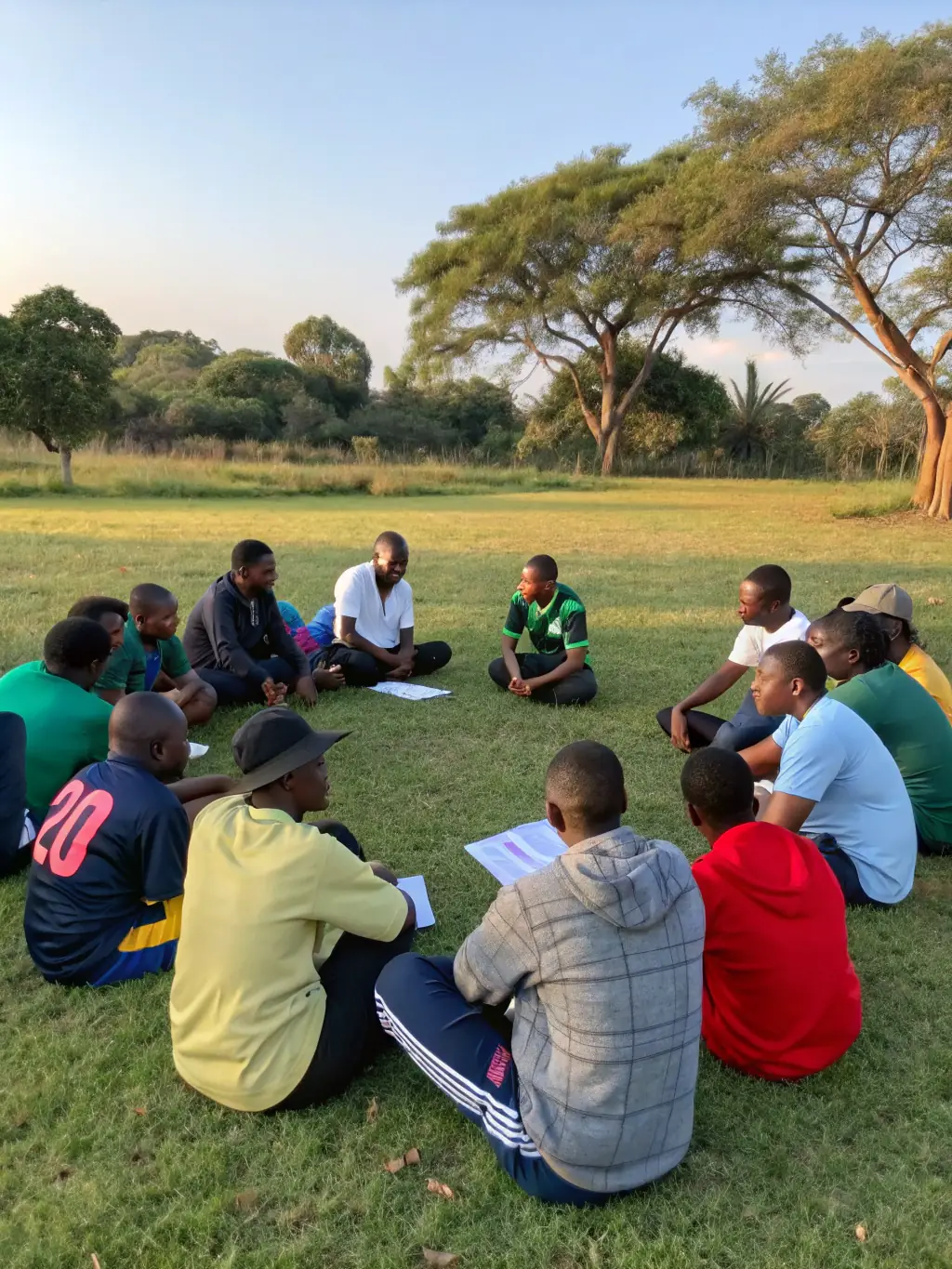 A diverse group of South Africans participating in a group coaching session outdoors, with a facilitator guiding them through an exercise focused on building emotional resilience.