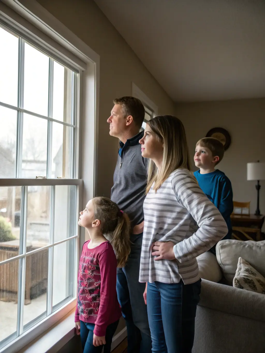 A picture of a family sitting together in a modest home, looking concerned, representing the economic hardships faced by many South African families.