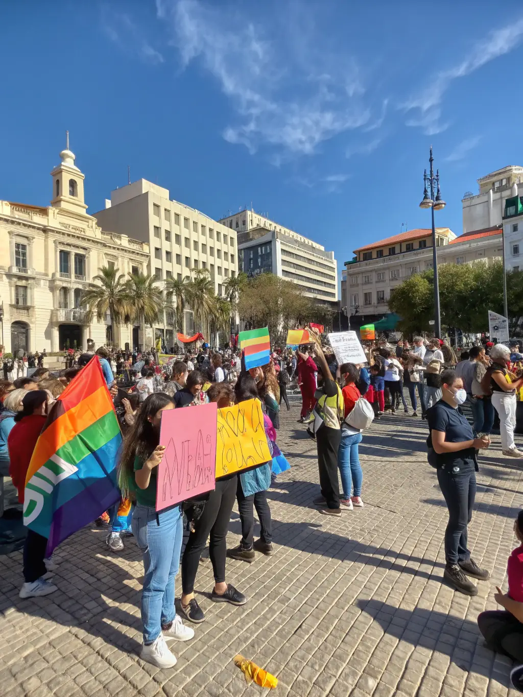 An image showing a group of people protesting peacefully in front of a government building in Cape Town, representing social and political anxieties.