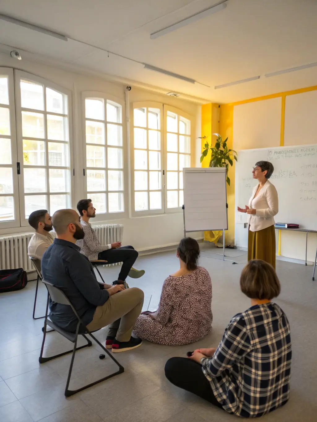 A South African mental health expert leading a workshop on mindfulness and stress reduction techniques, with participants actively engaged in the session.