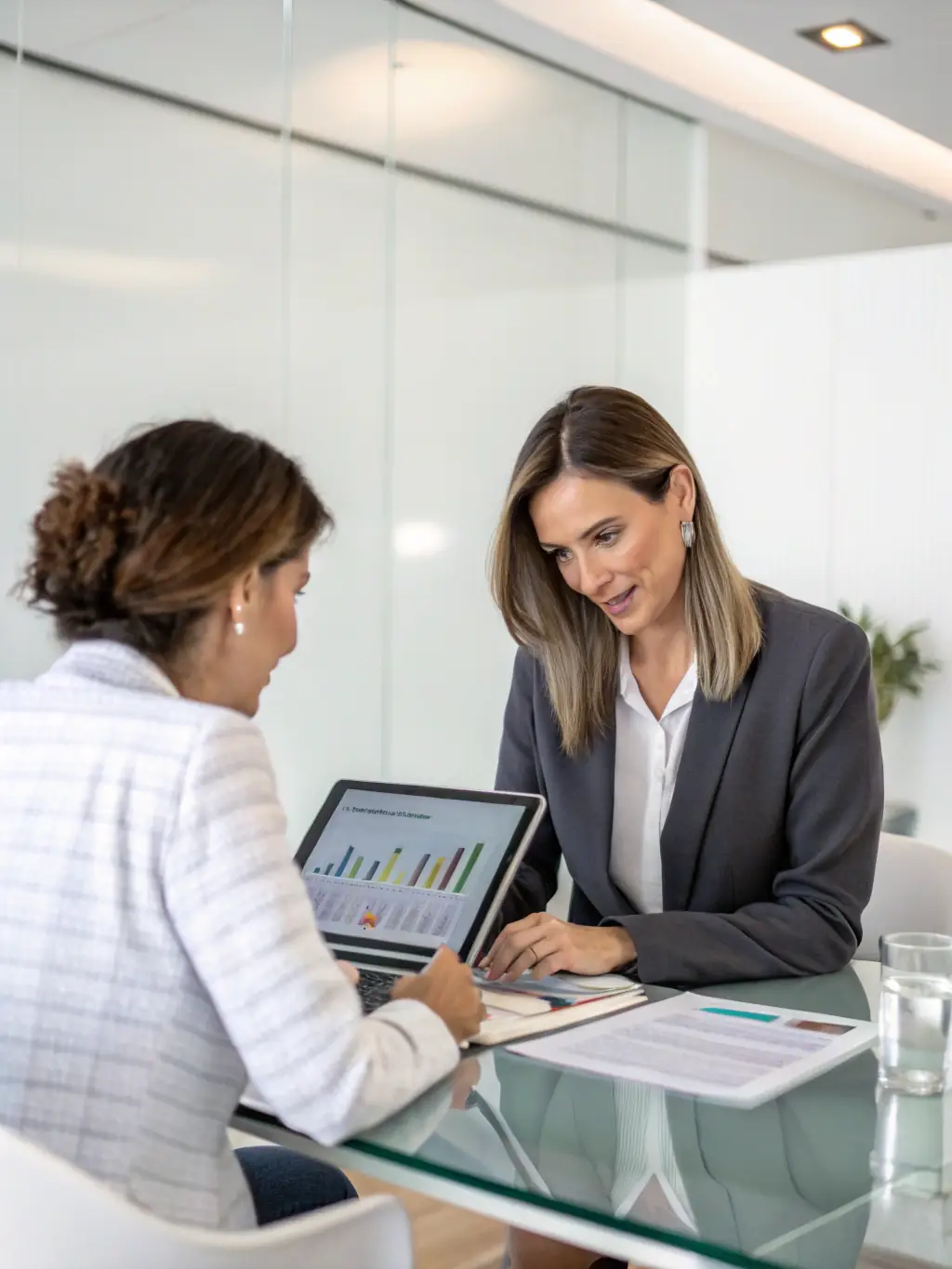 A one-on-one coaching session taking place in a comfortable, modern office setting, with a coach listening attentively to a client.